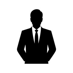 Solid Black Silhouette Icon of a Businessman in a Suit with White Collar and Tie Detail, Flat Vector Style, Centered on a White Background