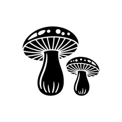 Stylized Black and White Mushroom Duo Icons: Two Flat Graphic Fungi with White Spot and Gill Details on a White Background