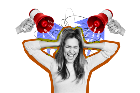 Composite trend artwork sketch photo collage of silhouette young lady sad emoji burnout hand hold loudspeaker breaking news sensation word - Powered by Adobe