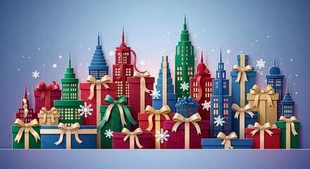 Obraz premium Festive cityscape of colorful gift boxes and skyscrapers with falling snowflakes