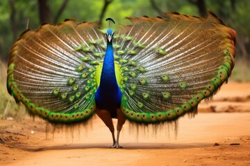 Beautiful peacock displaying its colorful feathers in a natural environment