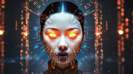 Futuristic cybernetic woman with illuminated facial interface and orange eyes in digital space. concept of cybernetic intelligence, artificial intelligence with a human face, AI, cyberspace - Powered by Adobe