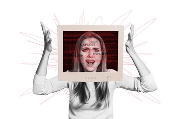 Composite photo collage of irritated girl wear pc monitor screen brainwash agitation addiction...