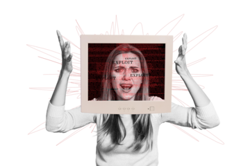 Composite photo collage of irritated girl wear pc monitor screen brainwash agitation addiction spread isolated on painted background