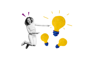 Composite photo collage of happy girl jump point light bulb idea finding electricity power plan tactics isolated on painted background