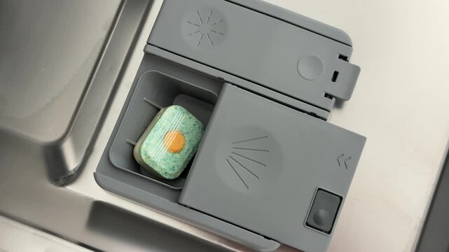 close up an open container with a capsule inside a dishwasher