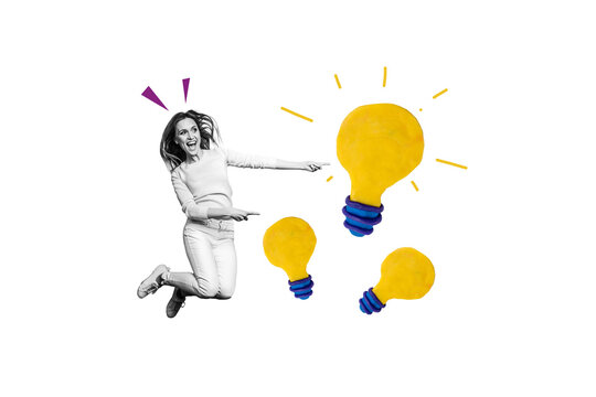 Composite photo collage of happy girl jump point light bulb idea finding electricity power plan tactics isolated on painted background