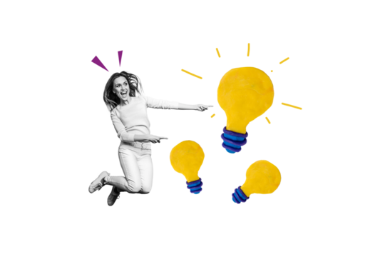Composite photo collage of happy girl jump point light bulb idea finding electricity power plan tactics isolated on painted background