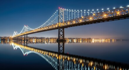 Fototapeta premium Illuminated bay bridge at night with stunning reflections over calm water