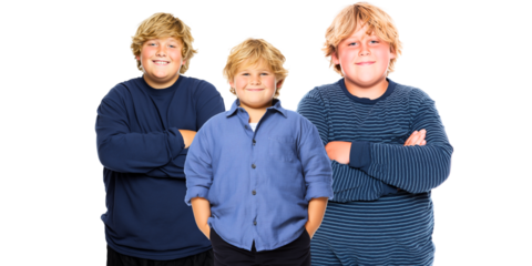 waist-up portrait of 3 handsome, confident 10-12 year old blond curvy boys isolated over white (transparent) background