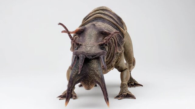 Sci-fi alien creature concept with armored body and head with horns , realistic exobiology anatomy, and white clean background.