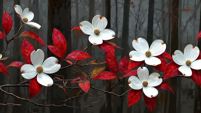 Close up of artificial dogwood blossoms with bright white petals and red leaves on a branch