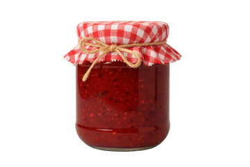 Homemade raspberry jam jar with gingham cloth cover
