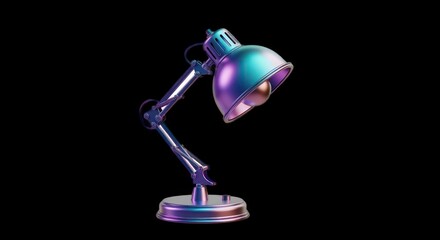Artistic desk lamp with adjustable arm and colorful light on black background.