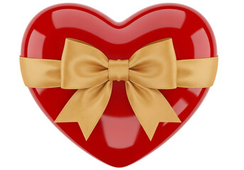 Shiny red heart shaped gift box tied with a golden yellow ribbon bow isolated on transparent background