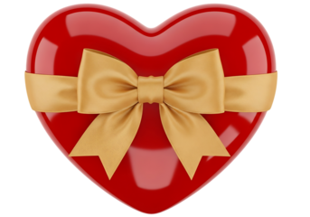 Shiny red heart shaped gift box tied with a golden yellow ribbon bow isolated on transparent background