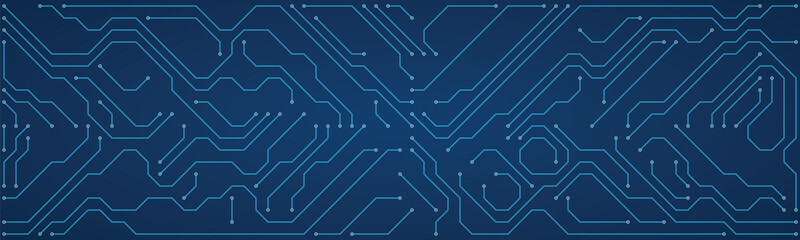 Futuristic blue circuit board pattern with glowing lines and nodes on a dark blue gradient background representing technology electronics and digital systems