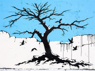 青空の下の木と鳥のグラフィティアート