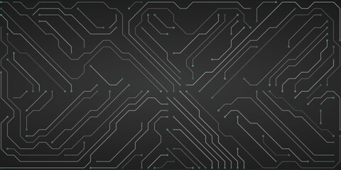 Futuristic circuit board design with silver lines and blue nodes on a dark grey textured background, abstract technology and data flow concept