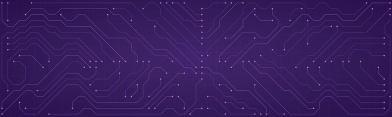 Futuristic purple circuit board pattern with glowing white dots and intricate pathways representing digital technology and electronic connections for innovation and data processing