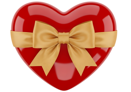 Shiny red heart shaped gift box tied with a golden yellow ribbon bow isolated on transparent background - Powered by Adobe