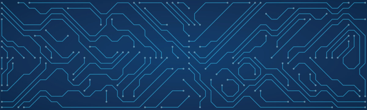Futuristic blue circuit board pattern with glowing lines and nodes on a dark blue gradient background representing technology electronics and digital systems