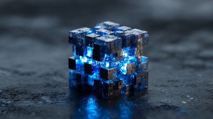 Captivating glowing cube structure radiates futuristic energy on wet textured surface