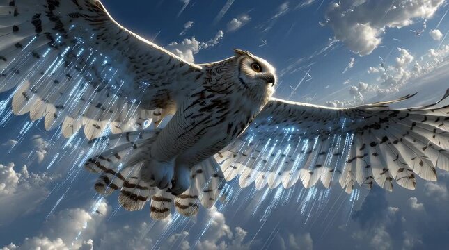 Futuristic concept of a wise owl soaring through a matrix of binary code and streaming information - Powered by Adobe