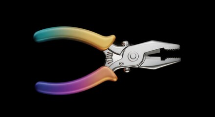 A pair of pliers with a rainbow-colored handle isolated on a black background.