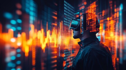 Immersive Data Interface Person in VR Exploring Dynamic Financial Data Visualizations