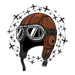 Cartoon Illustration of a Vintage Brown Leather Pilot Helmet with Goggles and Aircraft Silhouettes