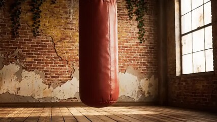 A red heavy punching bag hangs in a rustic, sunlit gym with a weathered brick wall and wooden floor. - Powered by Adobe