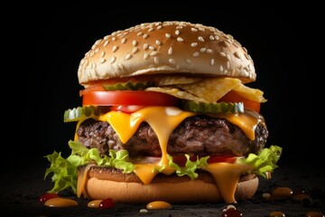 Freshly made burger with melted cheese dripping onto a dark background, creating a visually appealing image for food and restaurant marketing