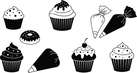 Black and white cupcake and donut vector illustration with icing bags, dessert bakery elements for sweet food design and decoration.