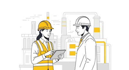 A male and female engineer in hard hats discussing work on a tablet with a factory in the background.