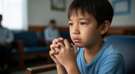 A worried young Asian boy sitting alone in a hospital waiting room, looking sad and anxious about his future health