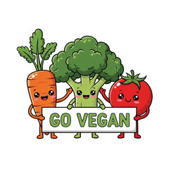 Three happy vegetables (carrot, broccoli, tomato) holding a "GO VEGAN" sign.