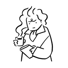 Tired person holding coffee and book for a late night read