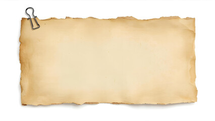 Rustic aged paper with clip empty space for text or images creative background element.A vintage aged paper texture with torn edges, held by a metallic clip, offering ample space for creative content.
