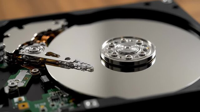 Close-up of hard disk drive components. High technology machinery displays data storage. Precision engineering showcases modern innovations in computer technology.