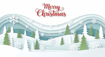 Whimsical paper cut snowscape with festive Merry Christmas greeting and falling snowflakes