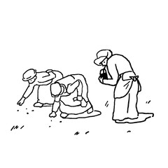 Minimalist sketch of peasant women harvesting crops