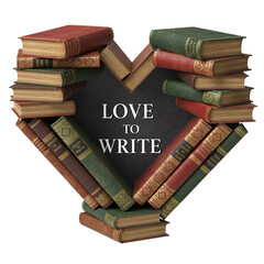 Stack of Vintage Books Forming a Heart with "Love to Write" Text: A creative arrangement of old, antique books with red, green, and brown bindings, stacked and angled to form a perfect heart shape 