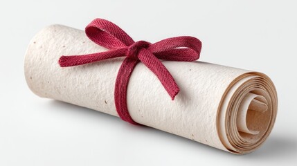 A Rolled Scroll Manuscript Tied With A Glittering Red Ribbon Against A White Background In Studio Lighting