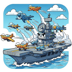 Cartoon Aircraft Carrier Launching Propeller Planes: A colorful, cheerful illustration of a large, gray aircraft carrier with an anthropomorphic face and a smoke stack, sailing on blue waves. 