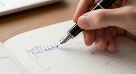 Handwriting note in planner with pen at 9 pm reminder