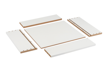 Set of flat-packed white MDF drawer panels isolated on white background. Modern DIY furniture components for cabinetry, interior design, and home organization or woodworking assembly projects
