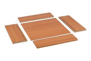 Set of flat-packed wooden drawer panels in light oak finish, isolated on white background. DIY furniture assembly components ideal for cabinetry, carpentry, or home storage construction projects
