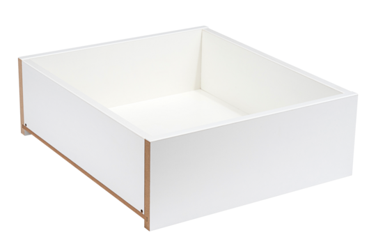 Modern white MDF drawer box isolated on white background. Clean and minimalist furniture component ideal for cabinetry, home storage, interior design, or flat-pack furniture assembly projects