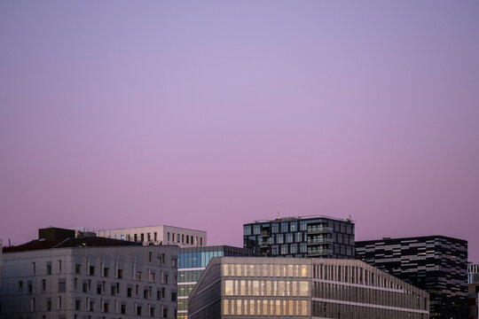 Oslo Barcode architecture with modern facade and minimal geometric rhythm, blending design, structure and city integration in a balanced architectural composition